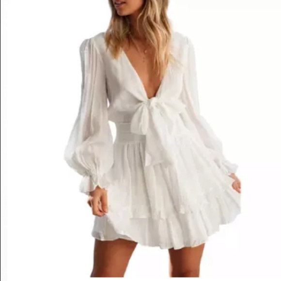 🎉New Boho Knot Front V Neck Ruffles Long Sleeve Swing Mini Dress - Picture 9 of 12